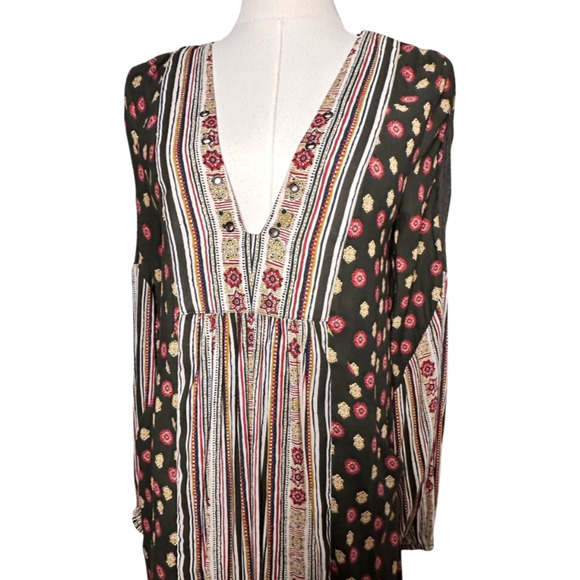 Free People Olive Green White Deep V Neck Lace Up Tunic Mini Dress Small - Picture 2 of 12